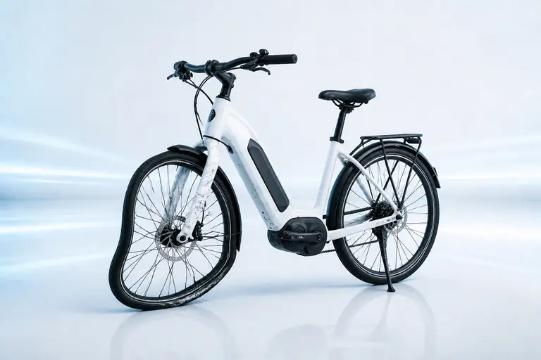 Weißes E-Bike mit Frontschaden im weiß-bläulichen Bildstil