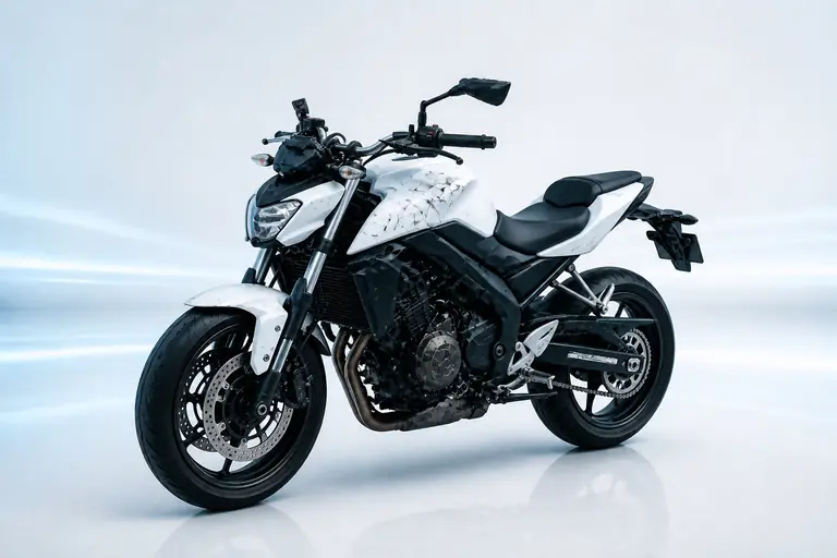 Weißes Motorrad mit Sturzschaden im weiß-bläulichen Bildstil Weißes Motorrad mit Sturzschaden im weiß-bläulichen Bildstil
