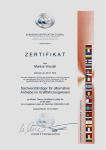 Zertifikat E Auto Antriebe Sachverstädniger Markus Vreydal